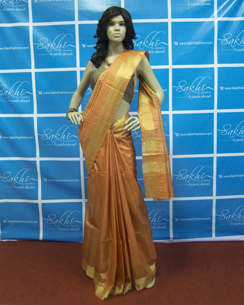 DPO-28684 - Peach & Gold Pure Tussar Silk Saree
