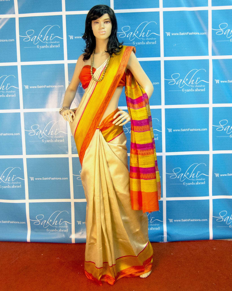 DPO-5202 - Beige & Multi Pure Silk Saree