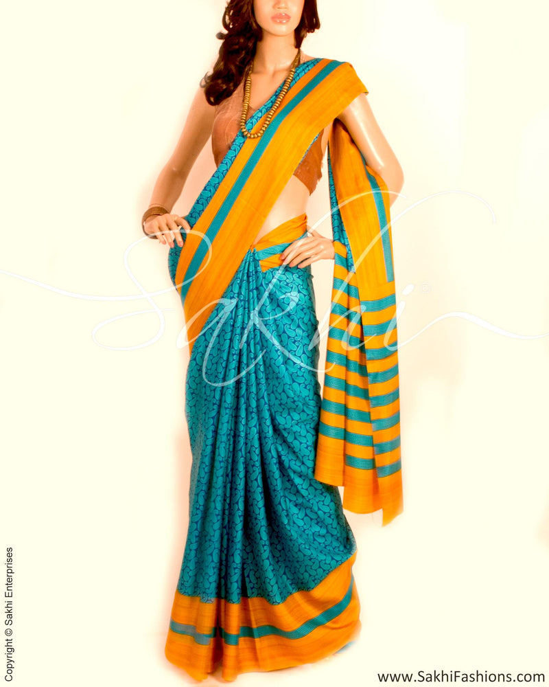 DPO-5226 - Blue & Mustard Pure Crepe Silk Saree