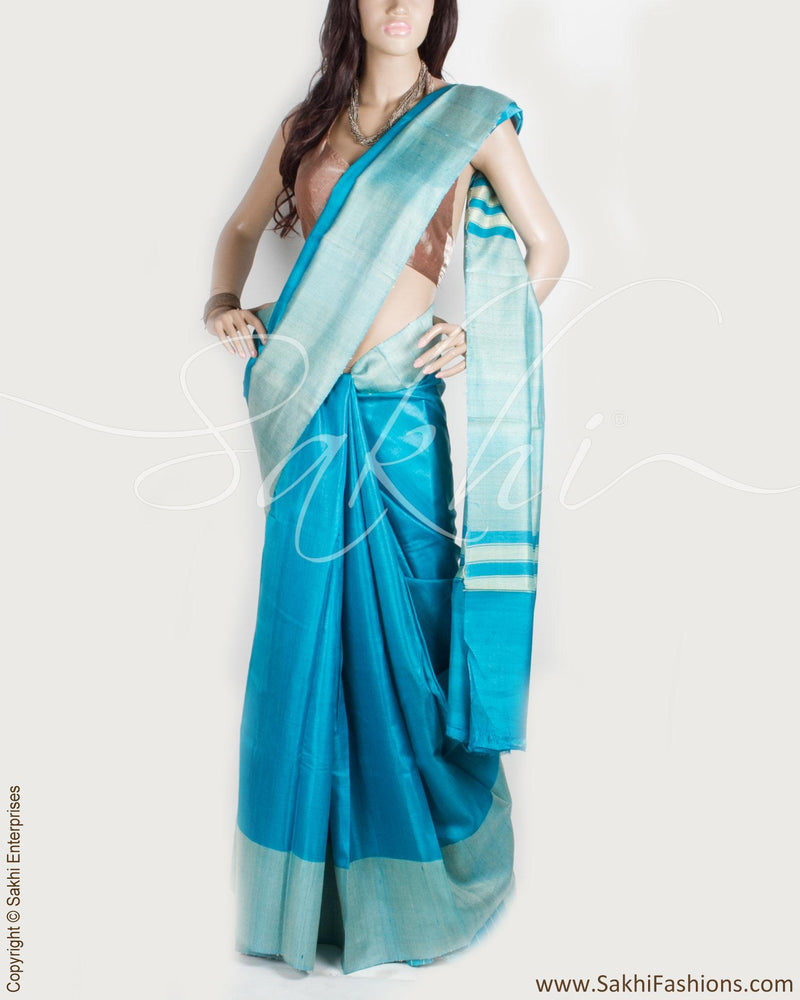 DPP-12784 - Blue & Silver Pure Tussar Silk Saree