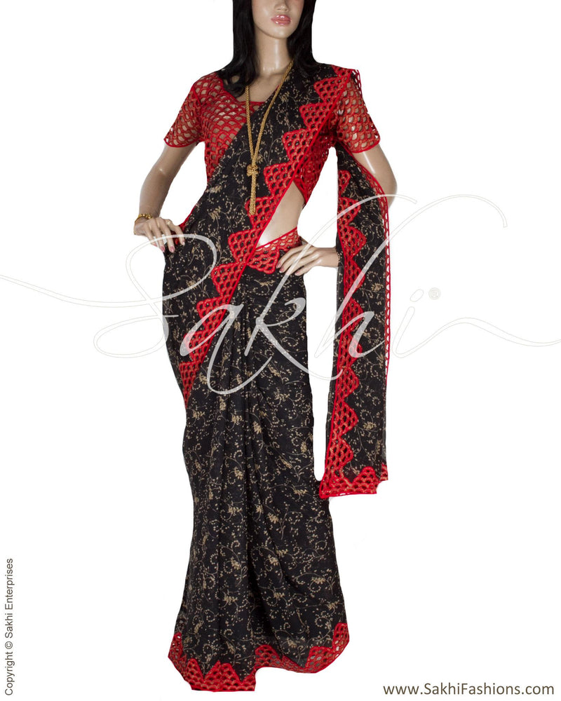 DPP-13828 - Black & Red Pure Chiffon Silk Saree