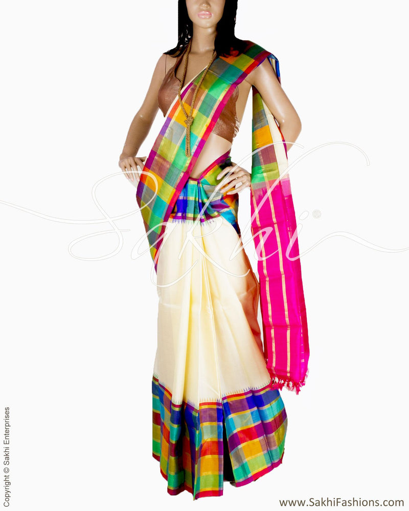 DPQ-15738 - Cream & Multi Pure Kanchivaram Silk Saree