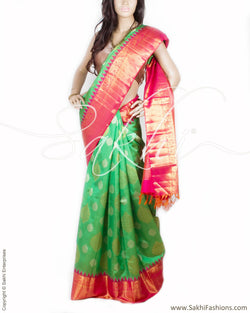 DPP-17315 - Green & Pink Pure Kora Kanchi Silk Saree