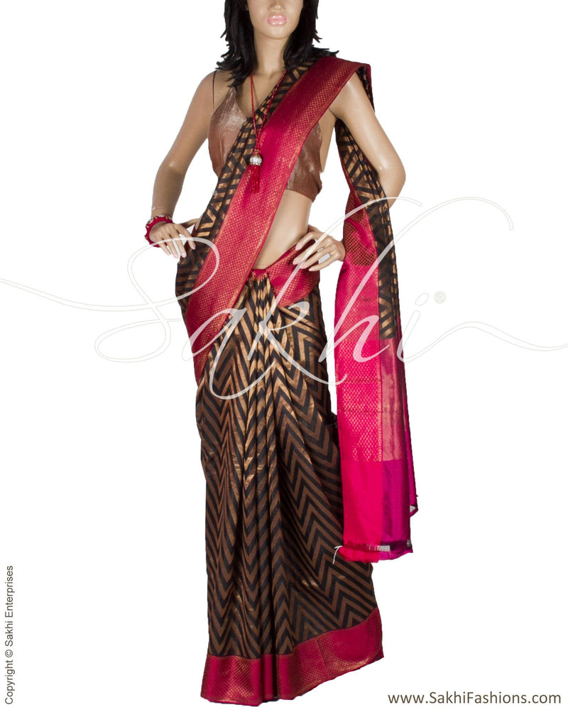 DPP-17499 - Black & Pink Pure Kora Silk Saree