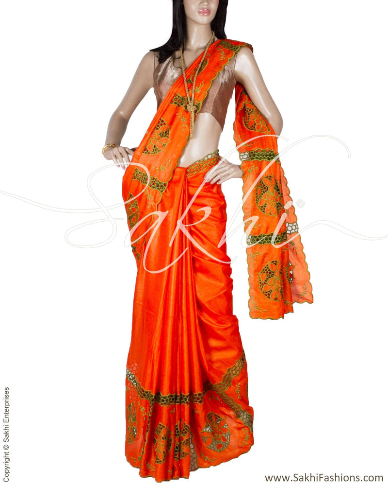 DPP-22163 - Orange & Green Pure Tussar Silk Saree