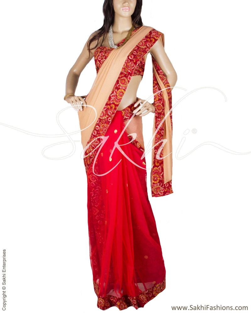 DPP-22689 - Beige & Red Pure Georgette Silk Saree