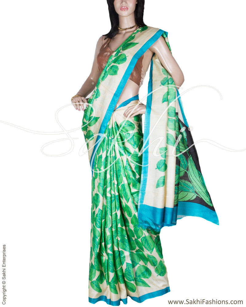 DPP-23518 - Beige & Green Pure Tussar Silk Saree