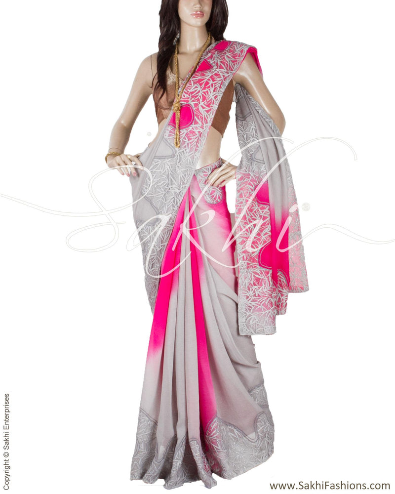 DPP-24071 - Grey & Pink Pure Chiffon Silk Saree