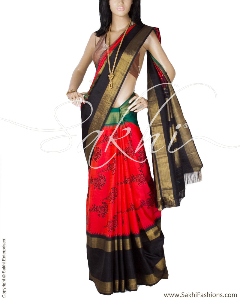 DPP-24592 - Orange & Black Pure Kanchivaram Silk Saree
