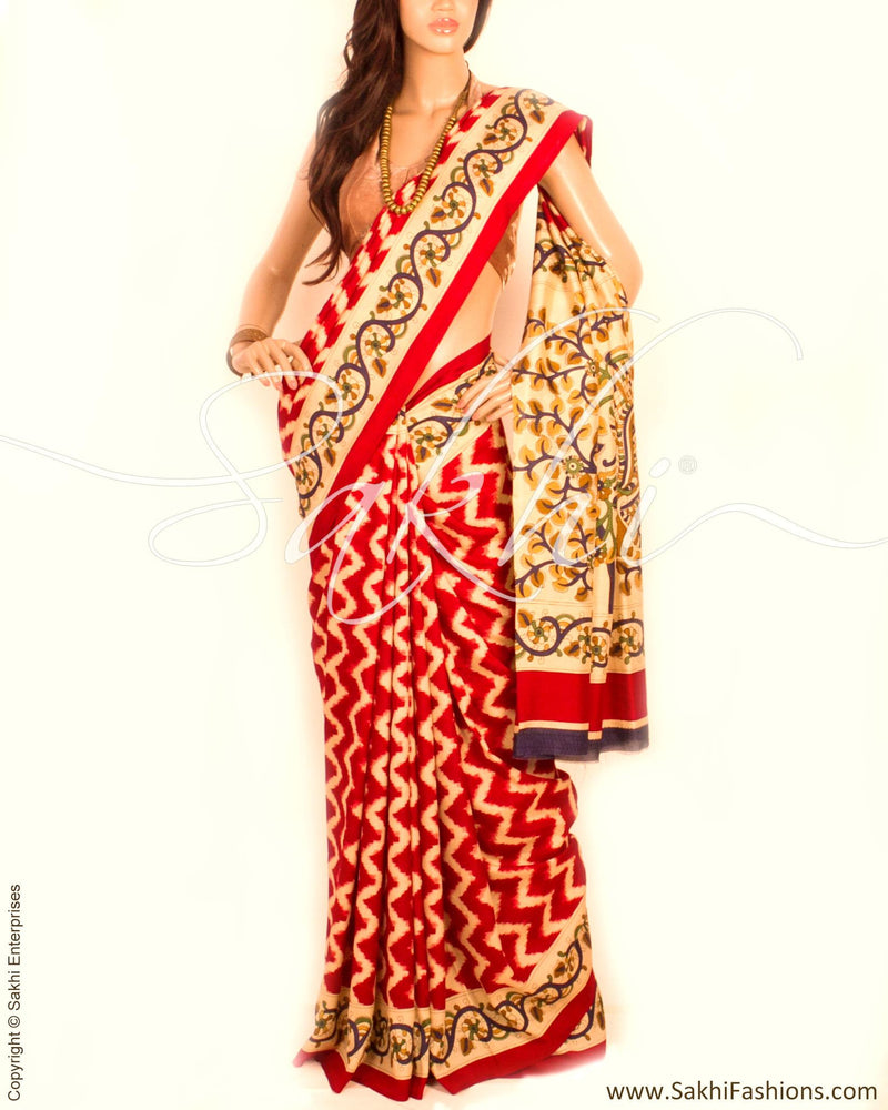 DPP-2820 - Red & Multi Pure Linen Saree