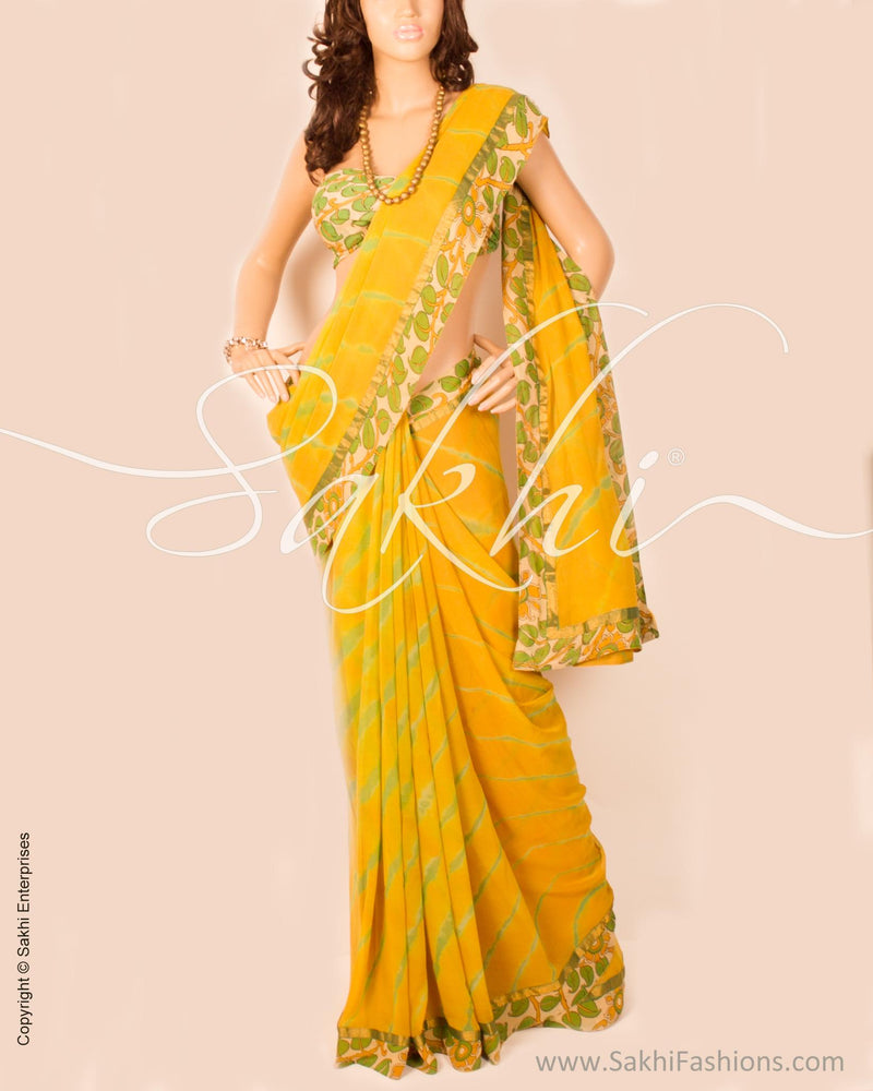 DPP-3393 - Yellow & Green Faux Georgette Saree