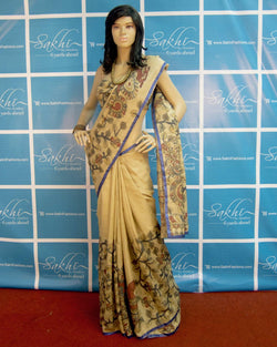 DPP-3410 - Beige & Blue Pure Tussar silk Saree