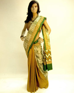 DPP-6941 - Mustard & Green Pure Tussar Silk Saree