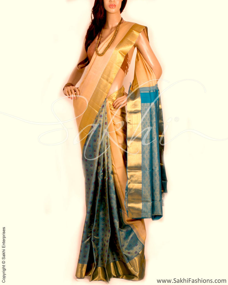 DPP-8289 - Beige & Blue Pure Kanchivaram Silk Saree