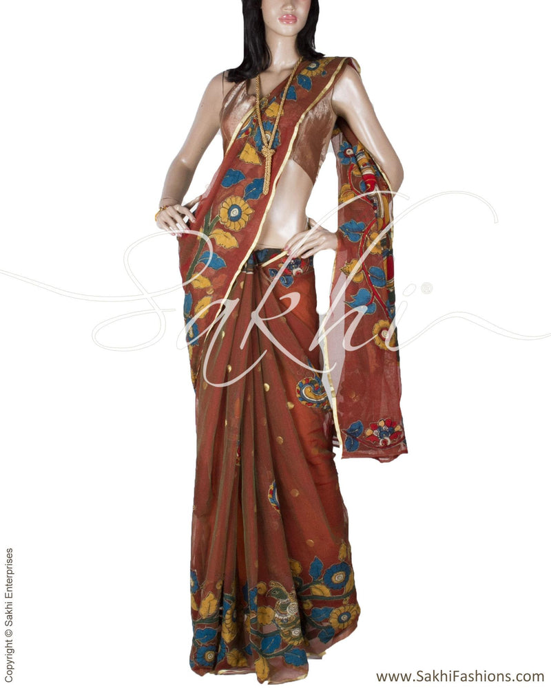 DPP-8866 - Brown & Multi Pure Banarasi Net Saree