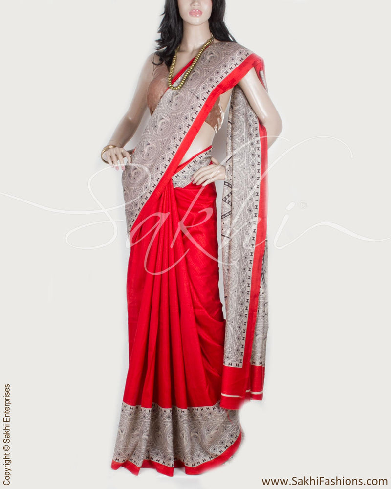 DPP-9898 - Red & Beige Blended Tussar  Saree