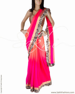 DPQ-11675 - Pink & Mutli Pure Chiffon Silk Saree