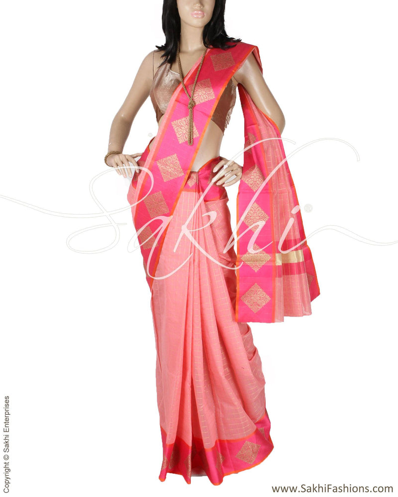 DPQ-12097 - Peach & Pink Pure Kora Silk Saree