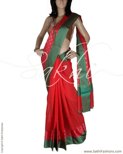 DPQ-12117 - Red & Green Pure Kota Cotton Saree