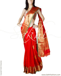 DPQ-12256 - Orange & Gold Pure Banarasi Silk Saree