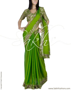DPQ-1312 - Green & Beige Pure Chiffon Silk Saree