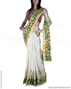 DPQ-13614 - Cream & Multi Pure Cotton Saree