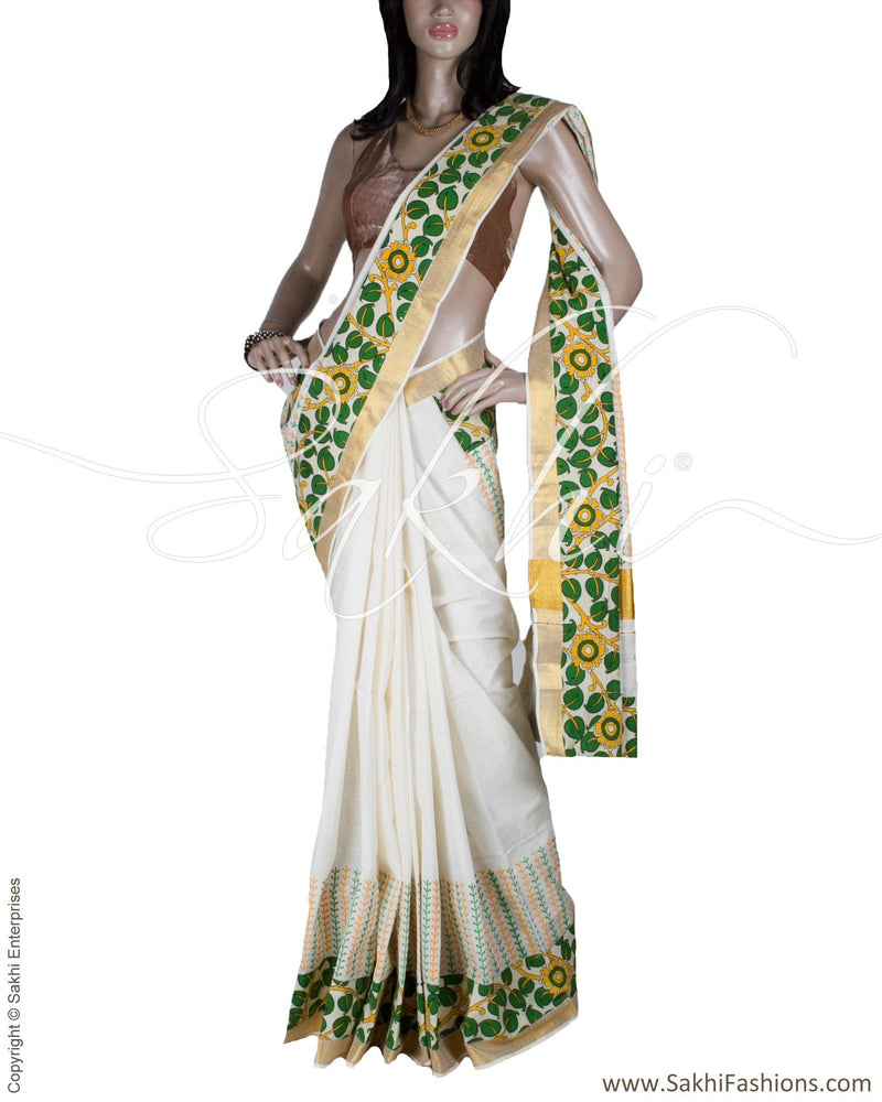 DPQ-13614 - Cream & Multi Pure Cotton Saree