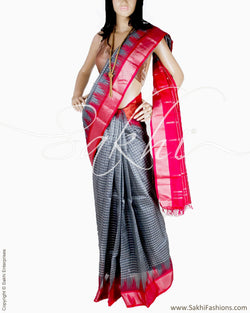 DPQ-15716 - Grey & Red Pure Kora Silk Saree
