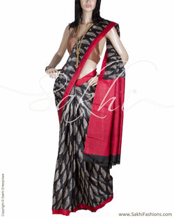 DPQ-16696 - Black & Red Pure Tussar Silk Saree