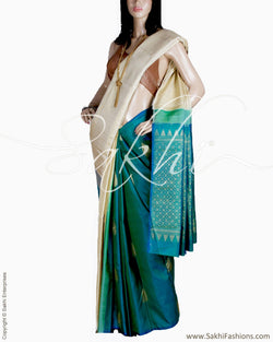 DPQ-17309 - Beige & Green Pure Kanchivaram Silk Saree