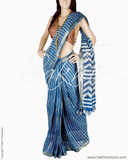 DPQ-17969 - Blue & White Pure Linen Saree