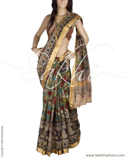 DPQ-2061 - Green & Multi Pure Chanderi  Saree