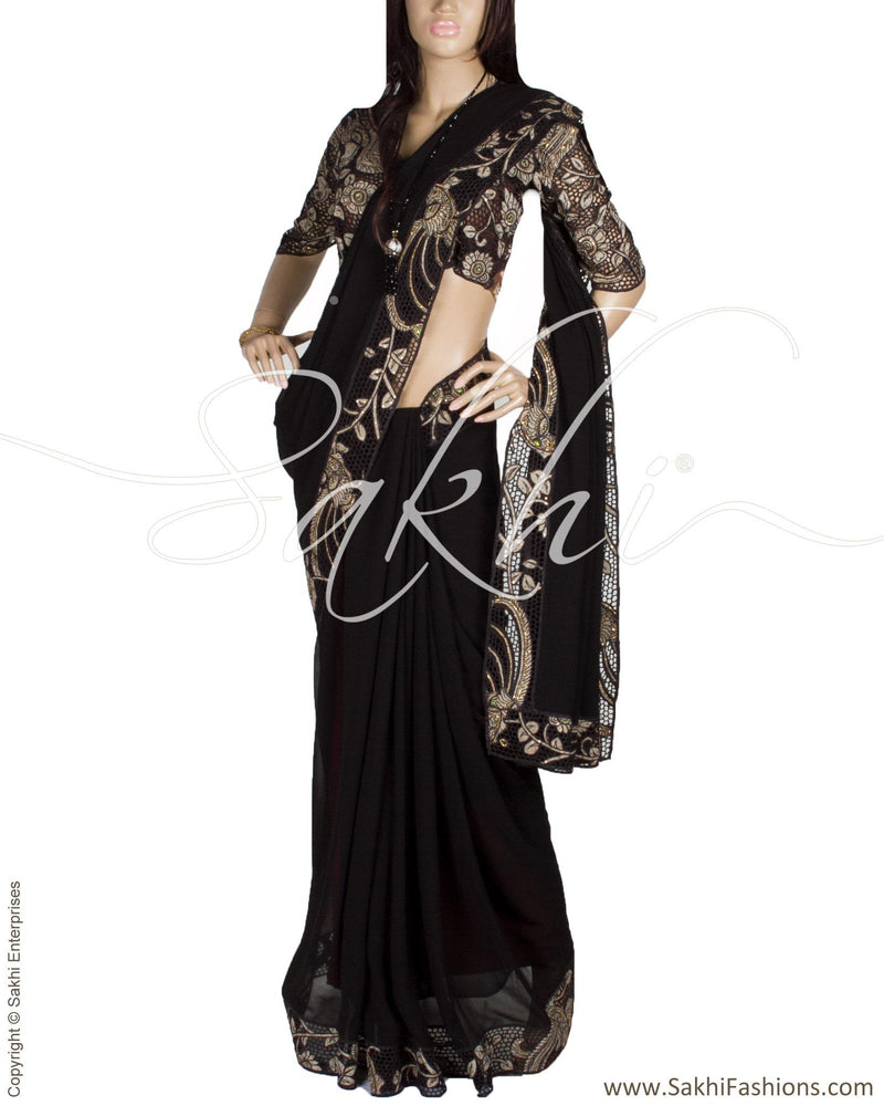 DPQ-2207 - Black & Beige Pure Georgette Silk Saree