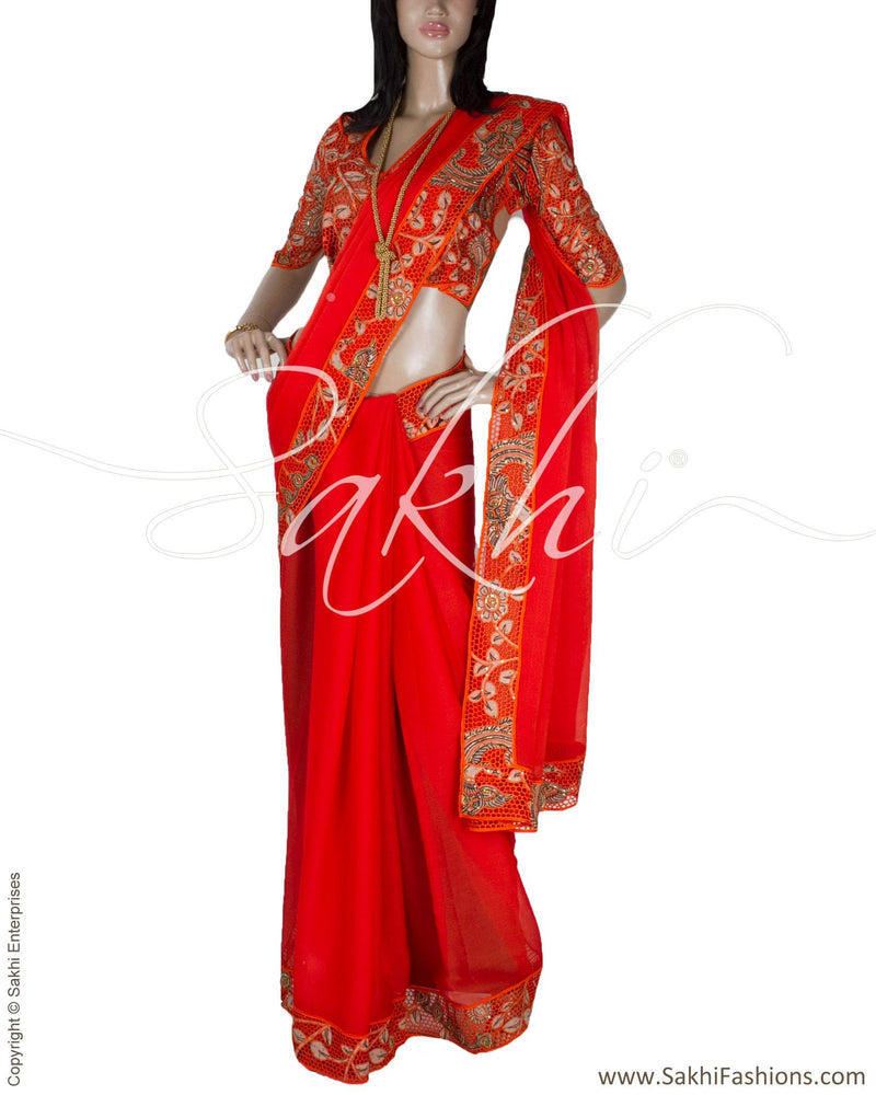 DPQ-2209 - Orange & Beige Pure Chiffon Silk Saree