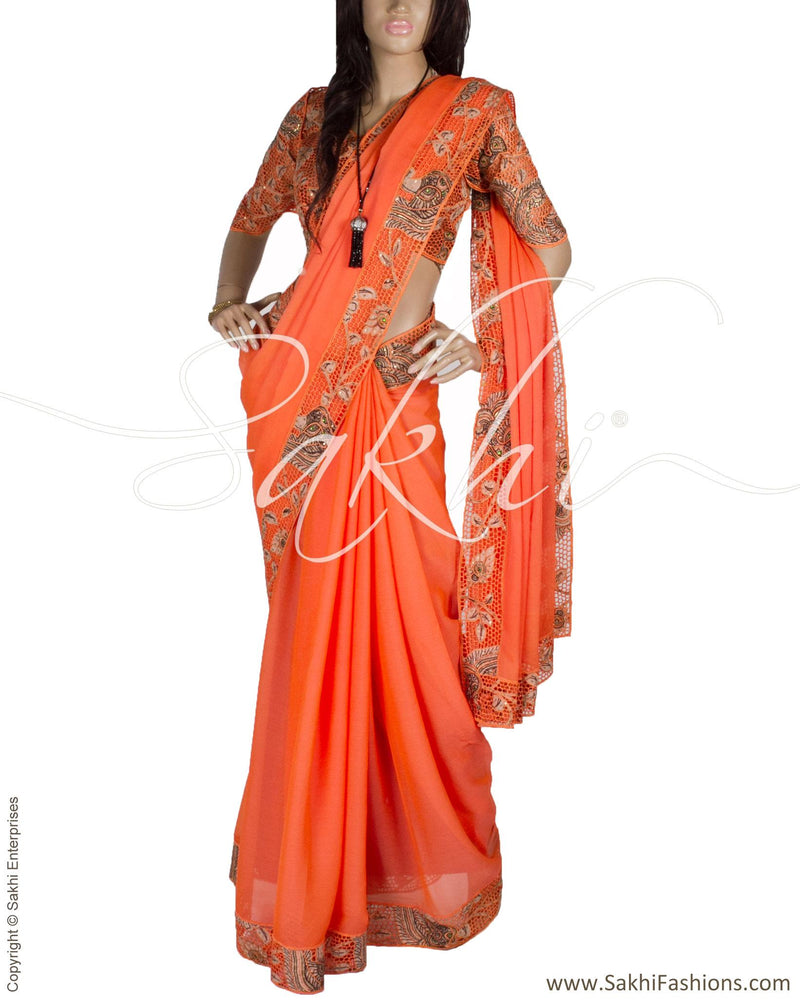 DPQ-2210 - Peach & Beige Pure Chiffon Silk Saree