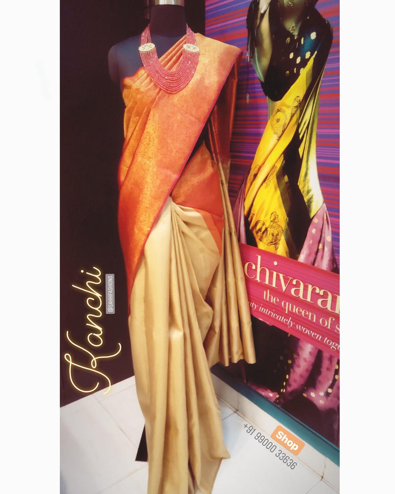 DPQ-22992M - Orange & Beige Pure Kanchivaram saree