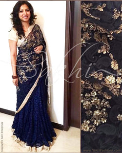 DPQ-2489 - Blue  & Gold Synthetic Lace Saree