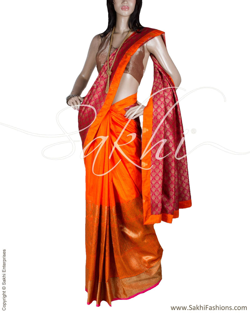 DPQ-3104 - Orange  & Pink Pure Silk Saree