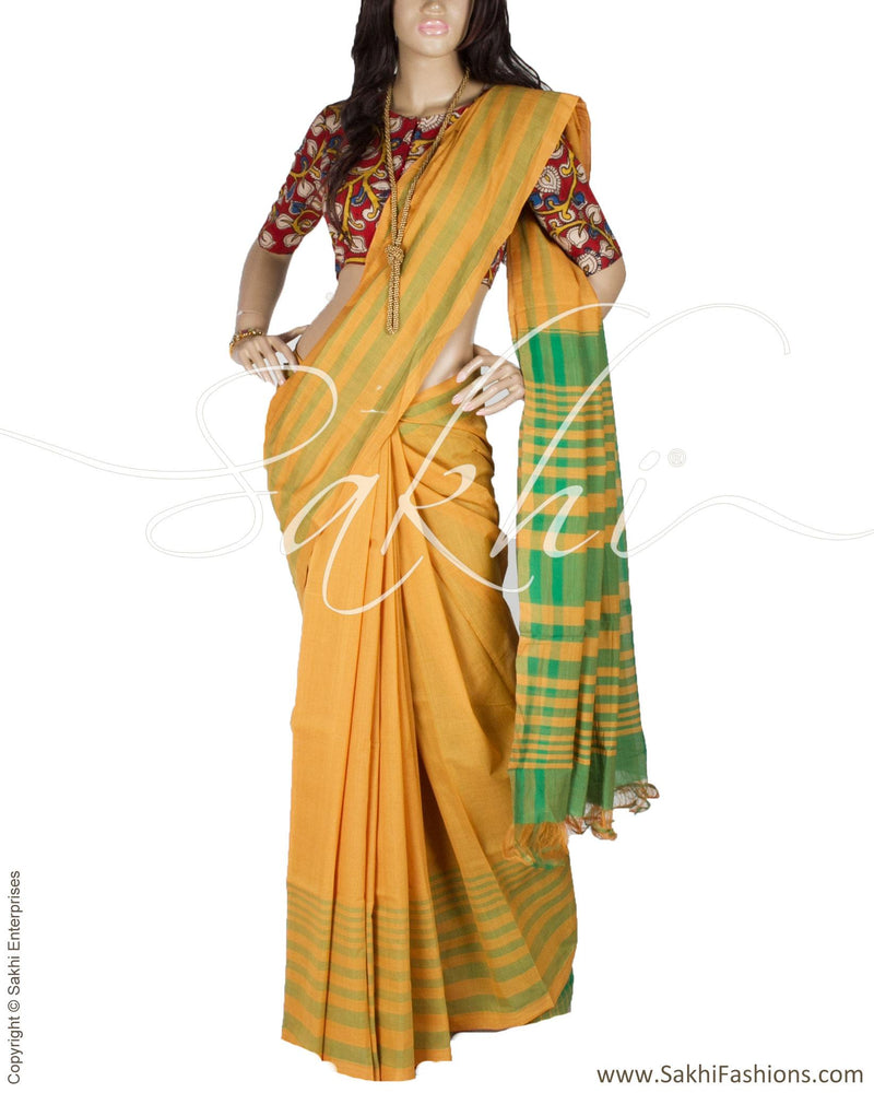 DPQ-5889 - Mustard & Green Pure Cotton Saree