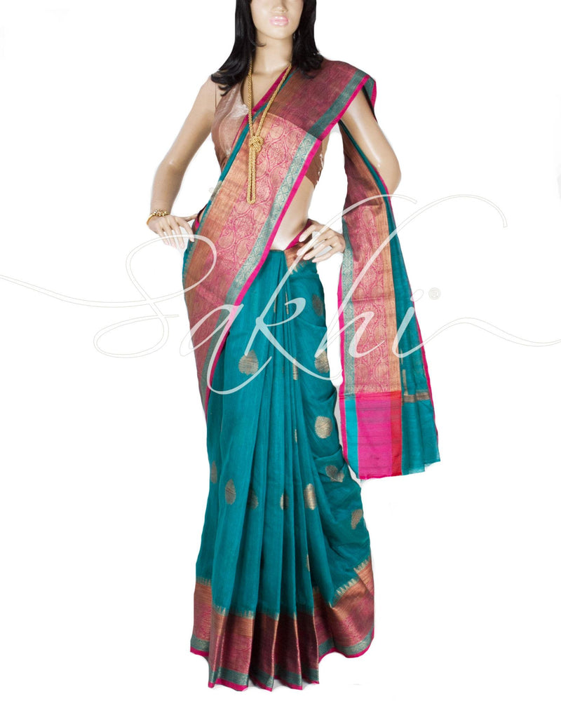 DPQ-593 - Blue & Antique Pure Chanderi  Saree