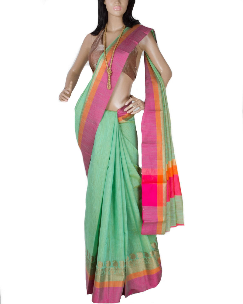 DPQ-689 - Green & Multi Pure Chanderi  Saree