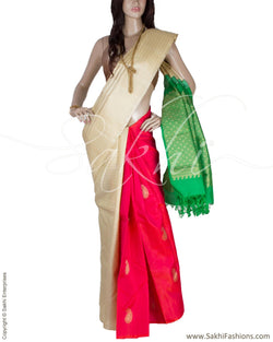 DPQ-7582 - Beige & Green Pure Kanchivaram Silk Saree