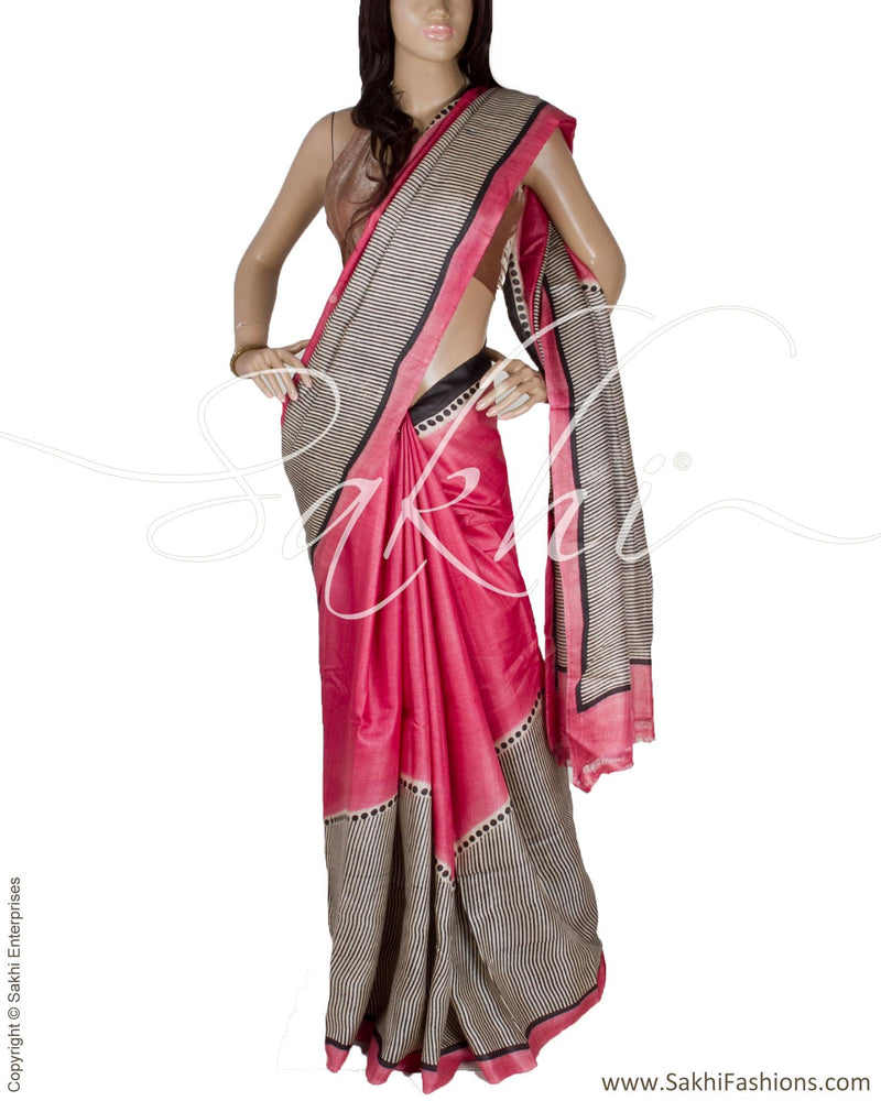 DPQ-9729 - Pink & Black Pure Tussar Silk Saree