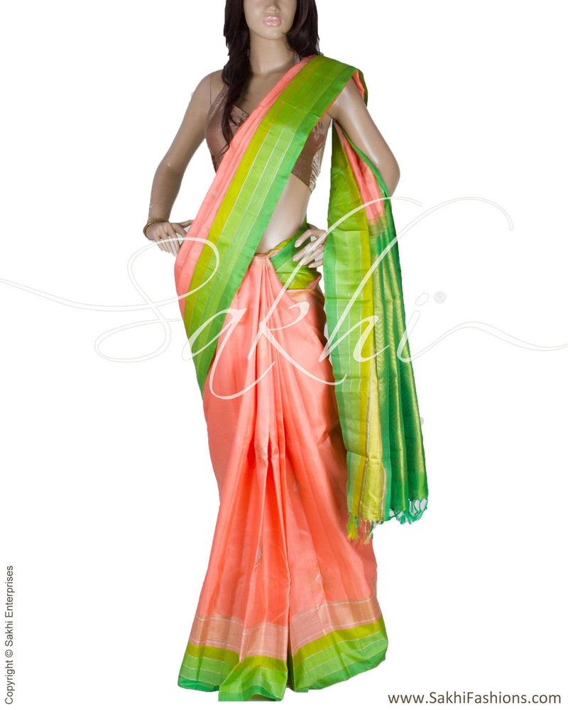DPQ-9768 - Peach & Green Pure Kanchivaram Silk Saree