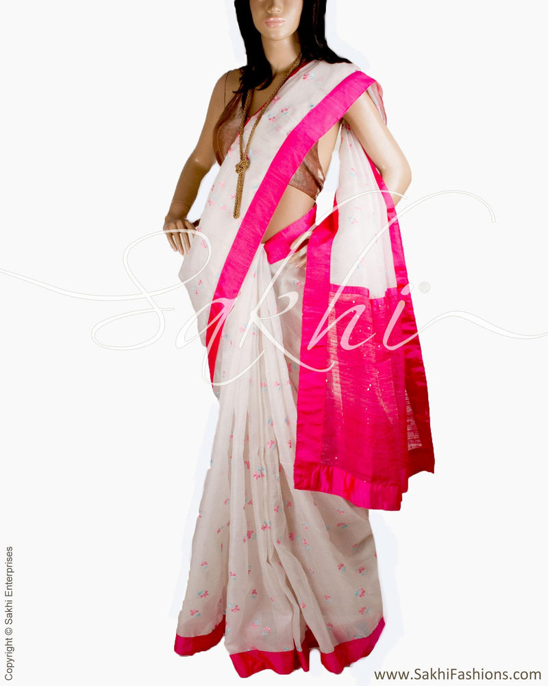 DPR-0750 - White & Pink Pure Organza Silk Saree