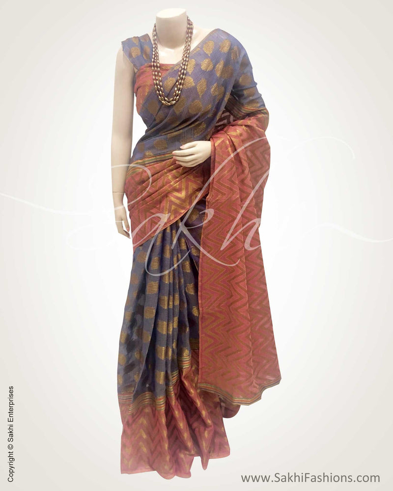 DPR-11679 - Pink & grey pure Chanderi saree