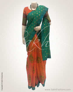 DPR-18517 - Peach & green pure Organza silk saree