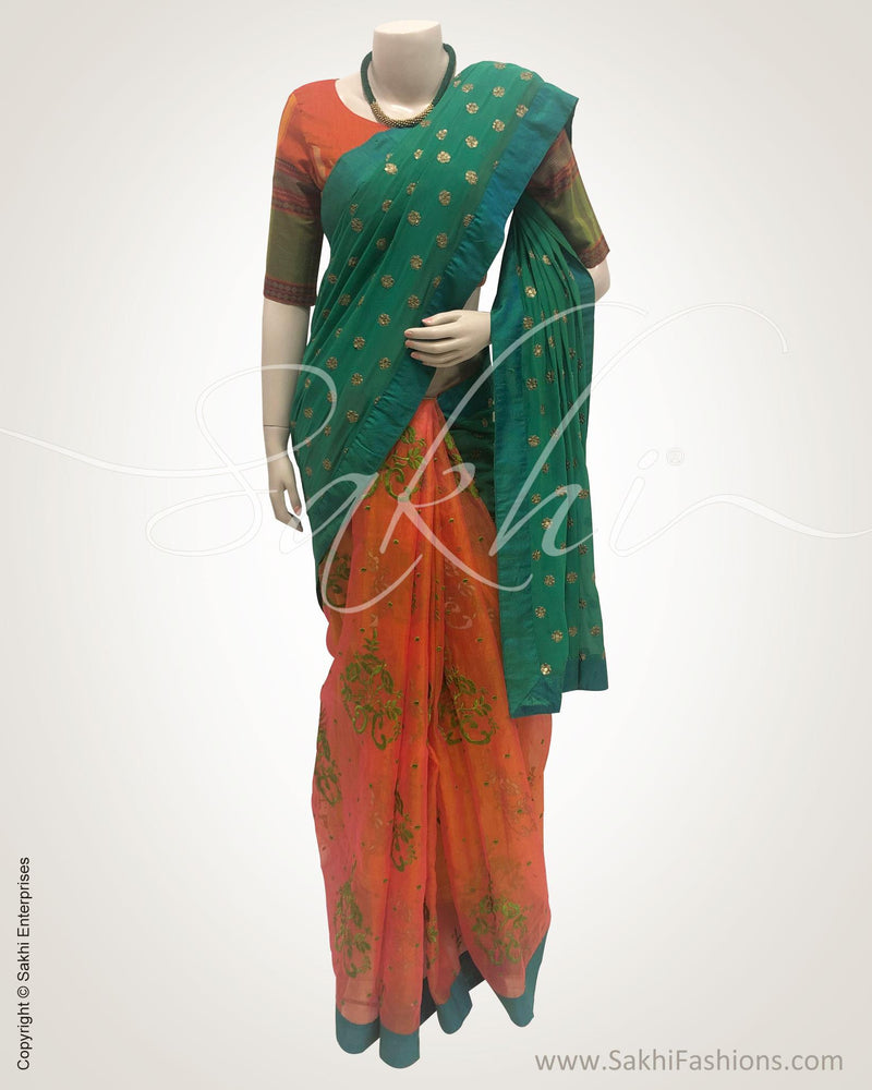 DPR-18517 - Peach & green pure Organza silk saree