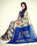 DPR-2841 - Beige & Blue Pure Tussar Silk Saree