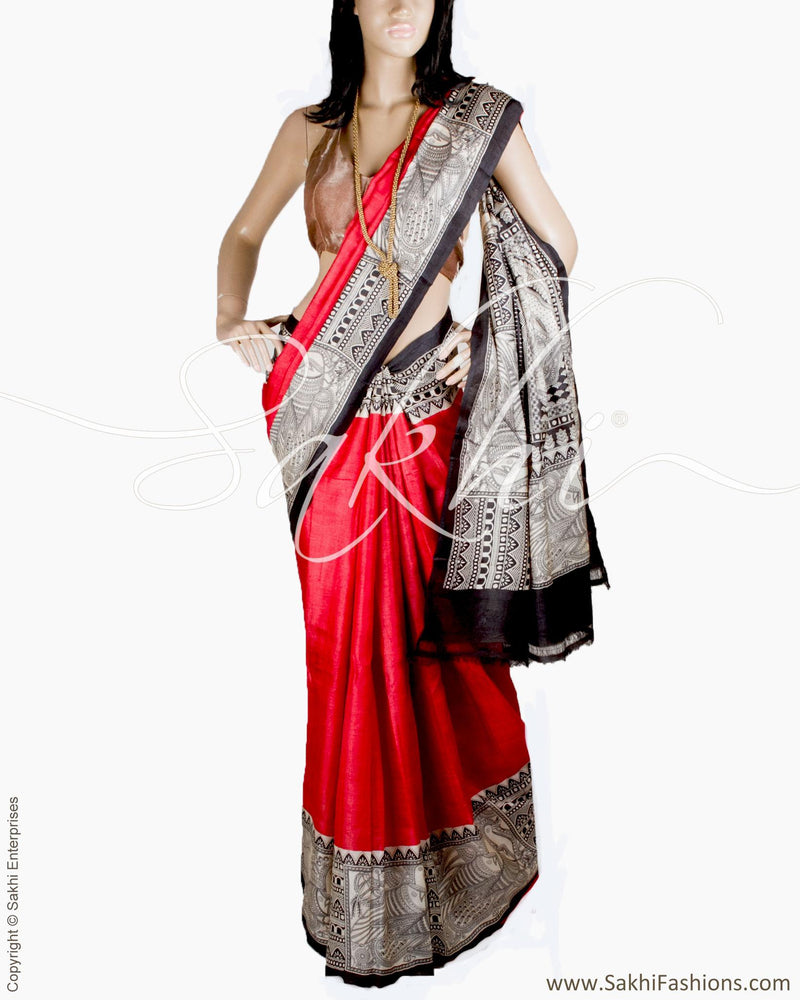 DPR-3020 - Red & Bla Pure Tussar Silk Saree
